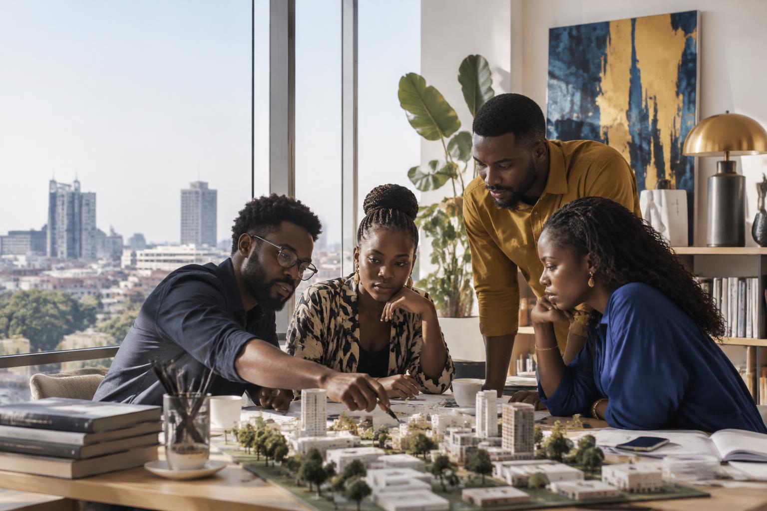 Collaborators discussing a city model together