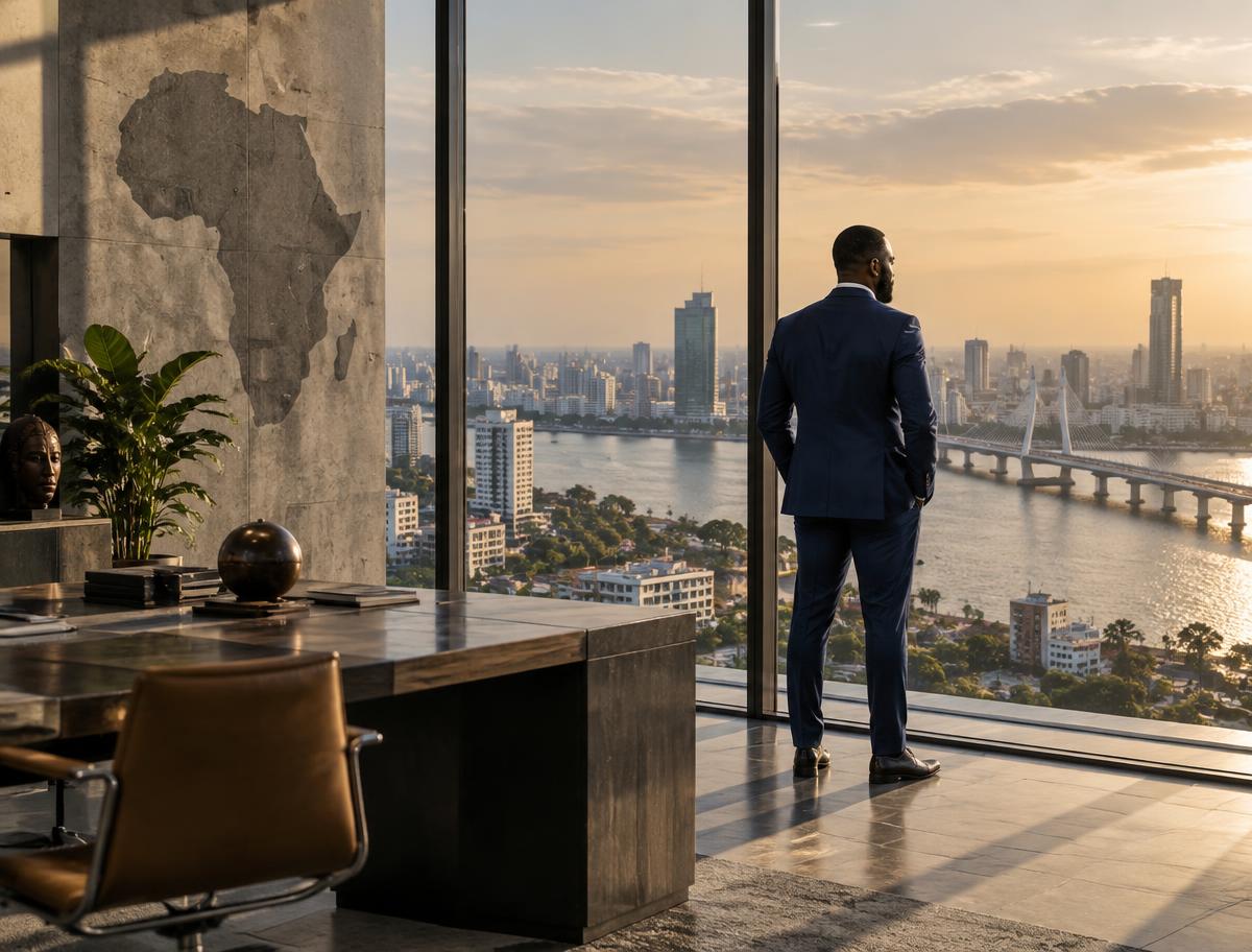 Founder looking toward a city skyline