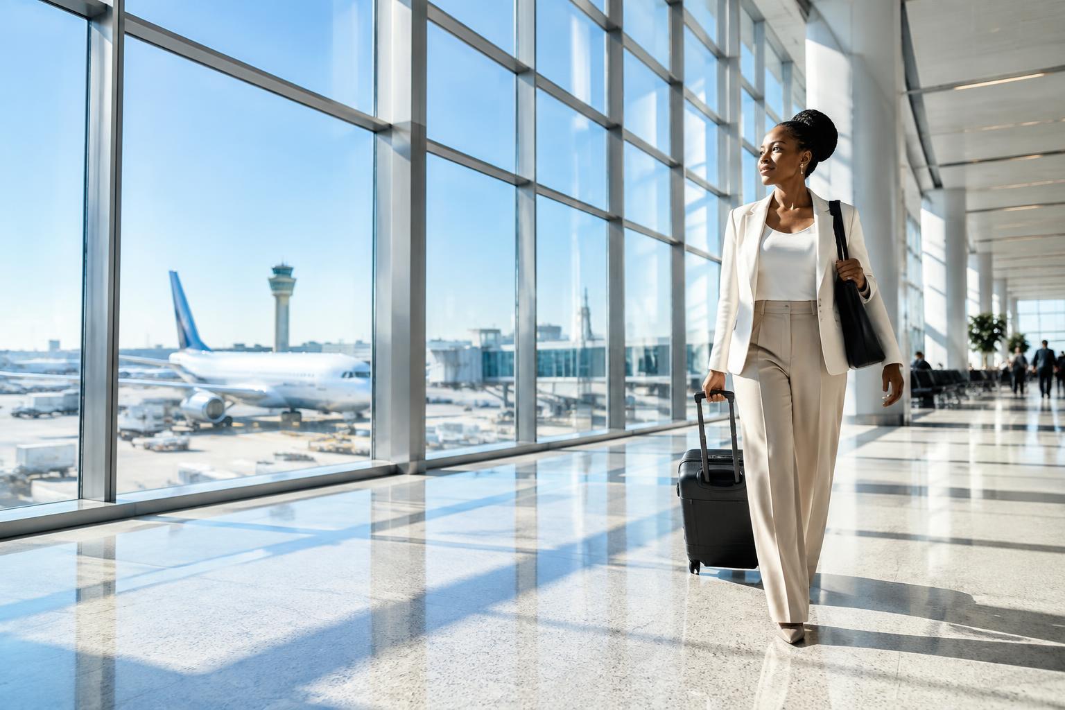 Sunlit airport terminal with a traveller heading towards her next journey