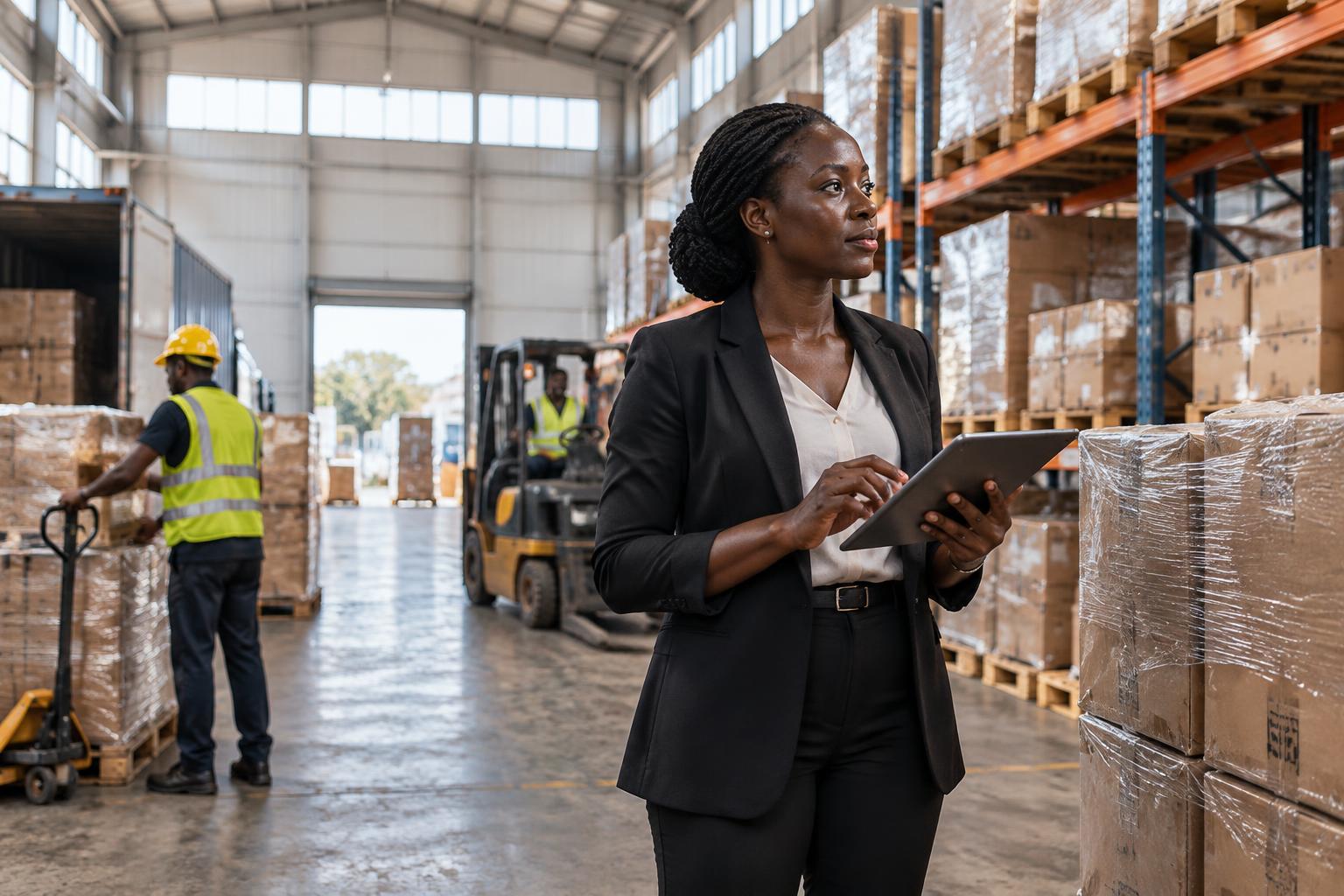 Logistics lead coordinating operations in a working warehouse